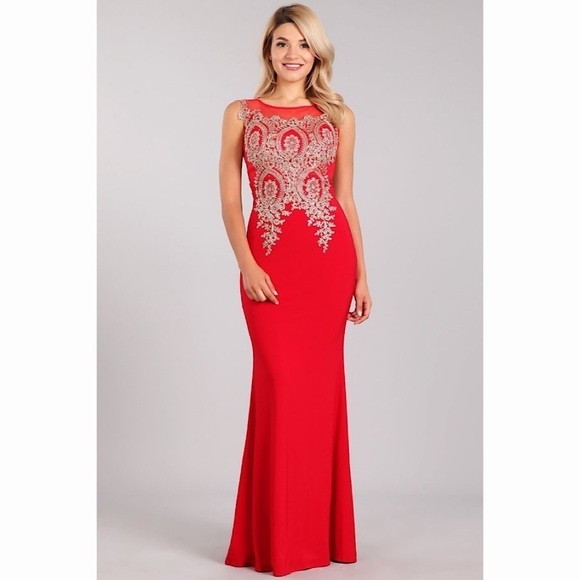 Sexy Red Gold Lace Dress - Picture 1 of 6